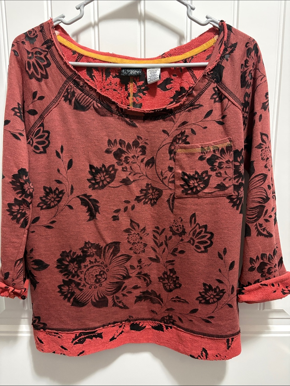 Mystree Medium Floral Reverse Seam Raw Edge Boho Sweatshirt Top